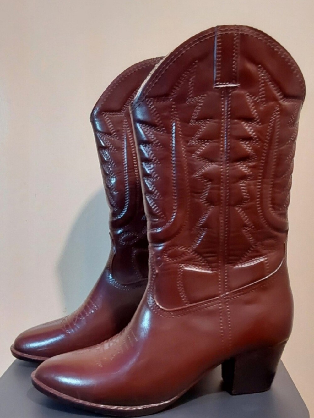 Vintage Moulded Women's Brown Western Rubber Cowboy Boots Shearling Lined USA